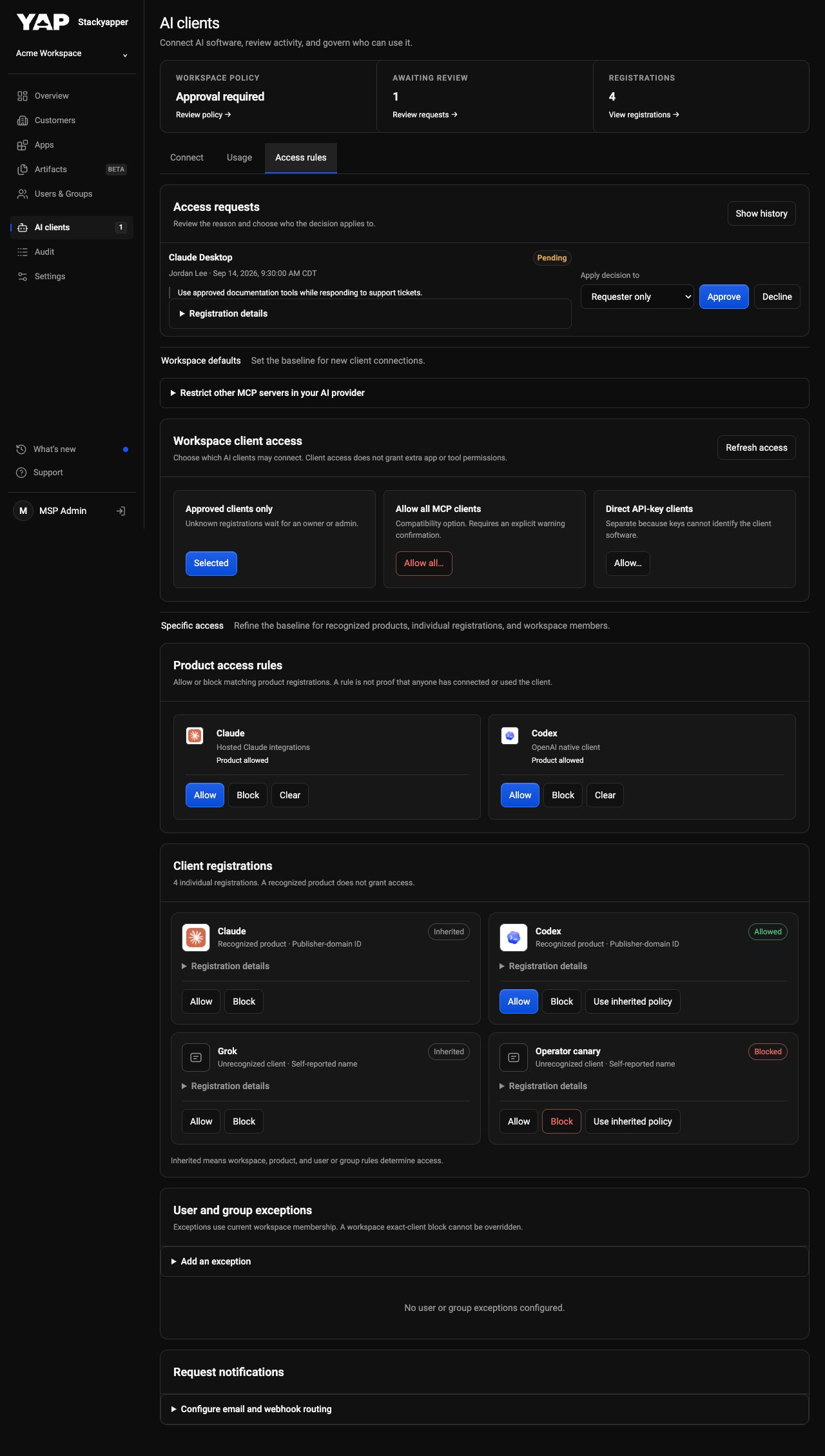 Full desktop mockup of access requests, policy controls, client registrations, and notification routing