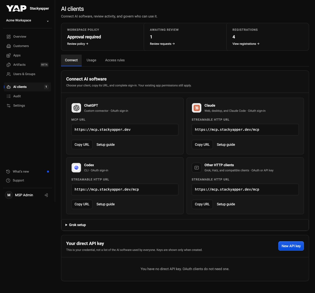 Desktop mockup of AI client connection cards and direct API key panel