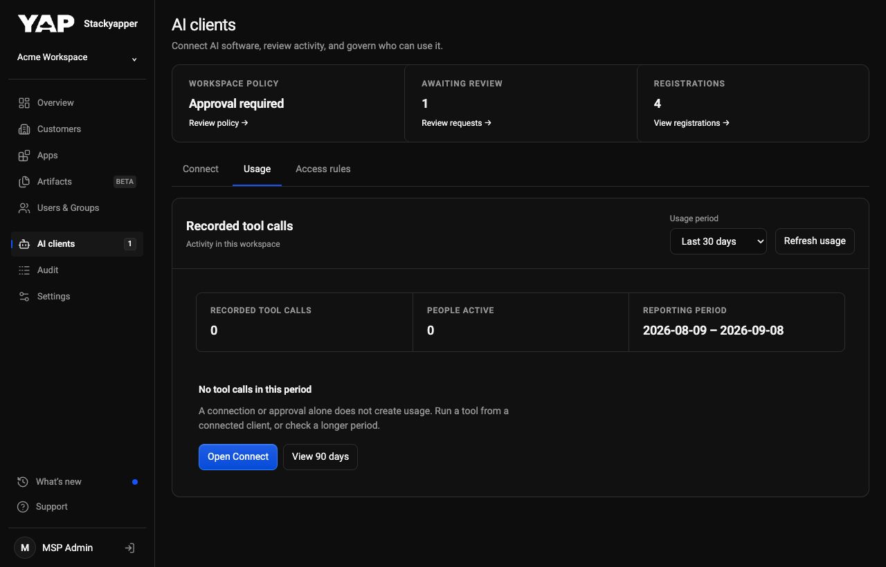 Desktop mockup of AI client usage summary and empty state